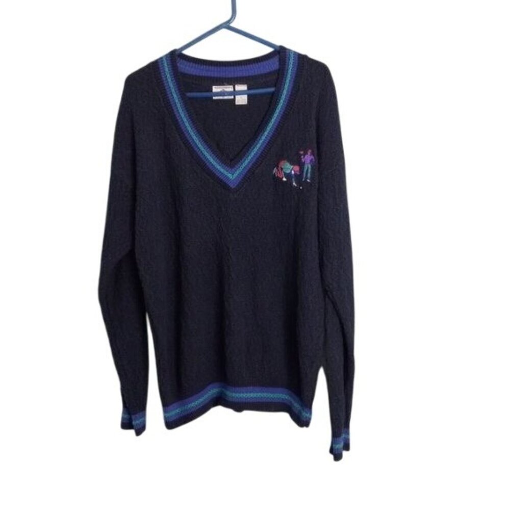Vintage 80's Cambridge Size L Classics Golf Themed V Neck Sweater Embroidery